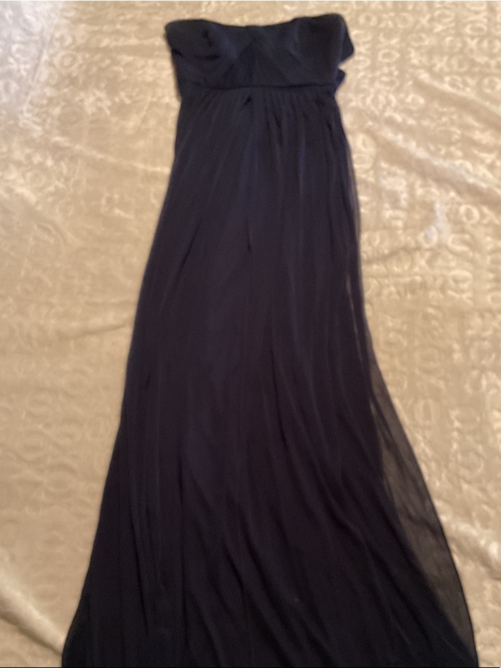 David's Bridal Strapless Navy Chiffon Evening Gown